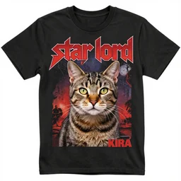 80s concert T-shirt design for heavy metal band “star lord” featuring tabby cat “Kira”, masterpiece, trending on artstation