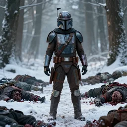 jango fett mandalorian bounty hunter is surrounded by dead corpses bodies with blood in a snow forest, concept art highly detailed, great cinematic lighting, octane render, 8 k, depth of field, 3 d, art by greg rutkowski, trending on artstation, cinematographic shot