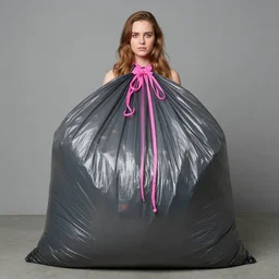 kyrsten sinema dressed up as a large plastic garbage bag with bright pink drawstrings, ultrarealistic