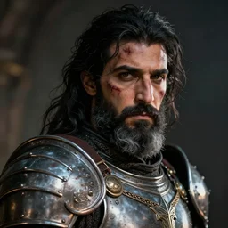 a portrait of mena massoud as a bearded man, battle scars on face, paladin armor, black hair, some grey hair in beard, style by donato giancola, wayne reynolds, jeff easley dramatic light, high detail, cinematic lighting, artstation, dungeons and dragons