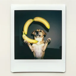 a dog juggling bananas polaroid photo candid motion blur