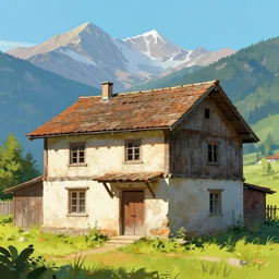 a two storey house, old, mountains in background by alena aenami, alena aenami style digital art, vibrant, lanscape, digital, detailed