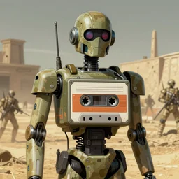 portrait, love army cassette deck robot soldier, serious, battle of helmand Moebius, Noah Bradley, hiroshi yoshida, Dan mcpharlin, Peter Mohrbacher, Druillet, epic composition, sparkling light, vivid,bright: