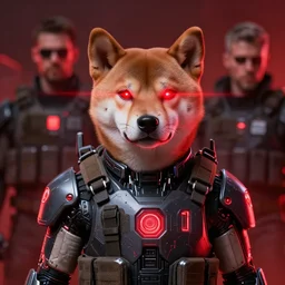 wearing tactical armor, scifi cyborg, anthropomorphic shiba inu, portrait, laser eyes, masterpiece, glowing red neon, by donato giancola and greg rutkowski and wayne barlow and zdzisław beksinski, realistic face