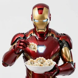 iron-man is eating a bowl of vareniki, hyper-realistic, photorealistic, cinematic, studio lighting