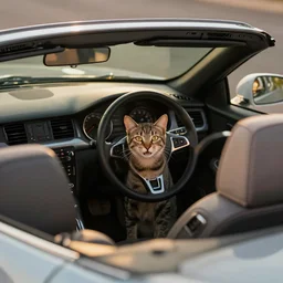 top view of cabriolet, cat behind steering wheel looking happy, golden hour