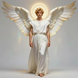 fullbody portrait of a beautiful young fit male angel with curly blond hairs, full dressed in long fluent clothes, bare feet, majestic symmetrical big dove wings, luminous halo, by greg rutkowski and alphonse mucha, gradient white to gold, in front of an iridescent background, highly detailed portrait, digital painting, artstation, concept art, smooth, sharp focus illustration