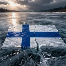 areal picture of a frozen lake, the ice is broken in the shape of the flag of Finland