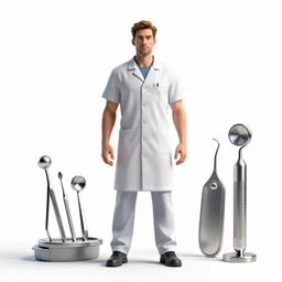 dentist with tools, high detail digital art, full body, standing, isolated on a pure white background, centered, whole figure in frame, sharp focus, studio lighting