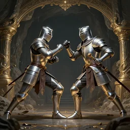 two knights fight in big cave, action scene, 8 k, lumen reflections, sharpened, insanely detailed and intricate, elegant, ornate, digital art