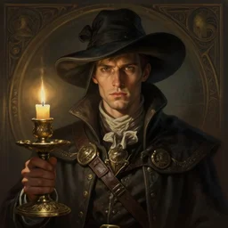 a mind - blowing portrait of a fortune seeker male, clean shaven, holding a candle holder, wearing a long droopy hat, wearing dark maritime clothing, intelligent, deep focus, d & d, fantasy, intricate, elegant, highly detailed, digital painting, artstation, concept art, matte, sharp, illustration, hearthstone, art by artgerm and greg rutkowski and alphonse mucha