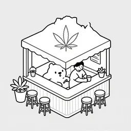 vector drawn minimalistic line portrait of cannabis themed cute cafe in australia, isometric, ink, digital art, shading layer complete