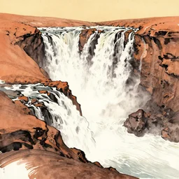 sumi ink drawing of waterfalls on mars