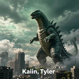 kaiju attacking a city green overcast sky legs coming from clouds by Edlin, Tyler