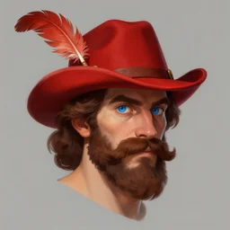 Man with blue eyes and brown curly mustache wearing a red Cavalier hat with a single feather on it. No beard only mustache. D&D Character Head and Shoulders Portrait. RPG Digital Artwork. Trending on Artstation.
