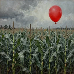 grunge painting of cornfield with a red balloon by chris leib, horror theme, detailed, elegant, intricate, conceptual, volumetric light