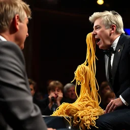 ellen degeneres puking spaghetti noodles onto the audience, fancy suits, iso 6 0 0, volumetric lighting, theatre stage, realistic