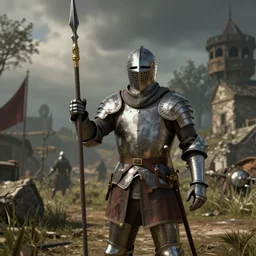 Medieval knight with a jousting lance, screenshot from the game 'Sniper Elite 4'