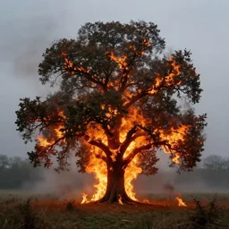 an oak tree in an open field aflame, hellish images, hellfire, still, fog in background, dantes inferno