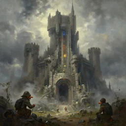 ''cinematic shot'' a dwarf castle cyberpunk style sci - fi art syle realistic atmosferic cloudy made by ivan aivazovsky, peter mohrbacher, greg rutkowski volumetric light effect broad light oil painting painting fantasy art style sci - fi art style realism premium prints available artwork unreal engine