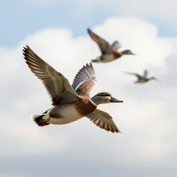 flying ducks, cotton candy clouds in background, soft lighting, bright environment, fog, detailed