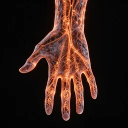 hand of ice with glowing veins, black background, orange,