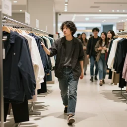 a japense fashion designer walking inside a mall looking at cheap clothes, looking surprised by the low standard, people giggling in the background, no light coming from the ceiling, only spotlights on the floor, hard shadows, interior