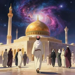 bedouin walking towards mosque surrounded by nebula, artstation, detailed cartoon, elegant, digital painting, concept art, smooth, sharp focus, illustration, ghibli, makoto shinkai, don bluth, fujita goro, jean giraud, akihiko yoshida, tom whalen 8 k µ