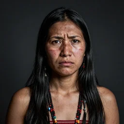 a female hopi shaman, 2 0 yo, annoyed look, skin pores, scars, skin condition, dark background, studio light, hdr, nikon 5 0 mm f / 1. 8 g, by sebastiao salgado