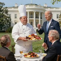 an Obese chef serving  unhealthy fattening food  to Joe Biden at the white house, highly detailed, digital painting, artstation, concept art, sharp focus, illustration, art by artgerm and greg rutkowski and alphonse mucha and Norman Rockwell