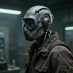a half - masked rugged laboratory engineer man with cybernetic enhancements as seen from a distance, scifi character portrait by greg rutkowski, esuthio, craig mullins, 1 / 4 headshot, cinematic lighting, dystopian scifi gear, gloomy, profile picture, mechanical, cyborg, half robot, implants, dieselpunk