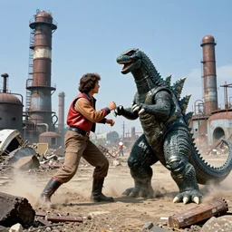 wide angle shot of jet jaguar wrestling a kaiju in an industrial wasteland from the movie jet jaguar returns, vintage, seventies cinema, toho studios, japanese cinema, action scene, cinematic composition, saturated color, 8 k, hd