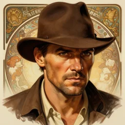 portrait of indiana jones, intricate, headshot, highly detailed, digital painting, artstation, concept art, sharp focus, cinematic lighting, illustration, art by artgerm and greg rutkowski, alphonse mucha, cgsociety,
