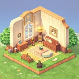isometric render of an art deco house interior in animal crossing : new horizons