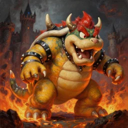 the exterior of bowser's castle, epic, fantasy art, dark fantasy, illustration, flames, lava, oil painting, artstation, hyper detailed, thwomps, oil painting, intricate