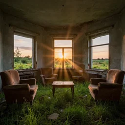a interior photo of a ruined furnished house at sunset, godrays, complementary colors, full of grass, old furniture, dramatic lighting, 8k,highly detailed, high quality, post processed