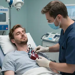 a photograph of a man having his heart replaced with a robotic pump in the future, realistic photo, 8k, cinematic