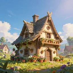 an illustration of the small medieval fantasy house in a town with many cute flower pots and beautiful blue sky scenery, cinematic view, epic sky, detailed, concept art, low angle, high detail, warm lighting, volumetric, godrays, vivid, beautiful, trending on artstation, by jordan grimmer, huge scene, grass, art greg rutkowski