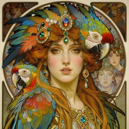 realistic detailed face portrait of an otherworldly fairy tale Parrot Queen with colorful feathers and jewels in her hair by Alphonse Mucha, Ayami Kojima, Amano, Charlie Bowater, Karol Bak, Greg Hildebrandt, Jean Delville, and Mark Brooks, Art Nouveau, Neo-Gothic, gothic, rich deep moody colors