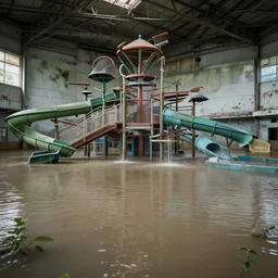 an indoors waterpark. creepy, flooded, empty, abandoned. craiglist photo.