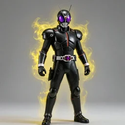 A black armored suit, Purple visor, Yellow Aura