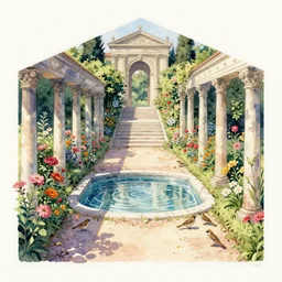 isomeric view, stairway, delicate water in a botanic garden, garden road, sparrows, temple in a botanical herbarium paper, watercolor colored painting, iridescent colors, 8 k, realistic shaded, fine details, artstation, italian style, colonnade, flowers, architecture, roma
