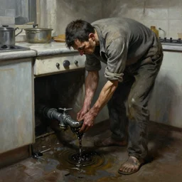 dark oil realistic painting of a gaunt man unclogging a drain in a communist soviet kitchen