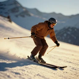 a 2 8 mm macro kodachrome photo of one man skiing in the swiss alps in the 1 9 5 0's, bokeh, canon 5 0 mm, cinematic lighting, film, photography, golden hour, depth of field, award - winning