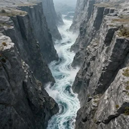 bird's eye view down a massive canyon of grey stone, during a tsunami, highly detailed, fantasy artwork