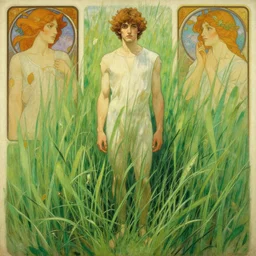 god of grass, male character design, painting by gaston bussiere, craig mullins, greg rutkowski, alphonse mucha, trending on artstation