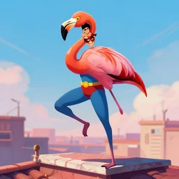 Flamingo Man superhero standing on rooftop, hero pose, illustration, digital art, detailed, 4k, trending on Artstation