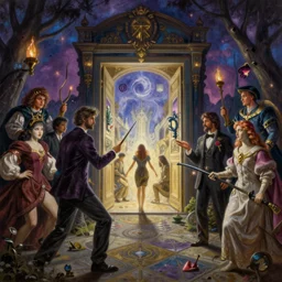 a hyper realistic surreal painting of sorcery that opens up a portal to another twilight zone!!! dimension, magic the gathering, dishonored 2, painted by highly detailed by peter mohrbacher, wayne barlowe, boris vallejo, paolo eleuteri serpieri, greg rutkowski, vasnetsov, mucha, masterpiece, 4 k, 8 k, beautiful lighting, epic