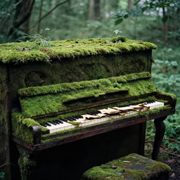 an overgrown and mossy piano. boards of canada album art, film, soft lighting, nostalgia