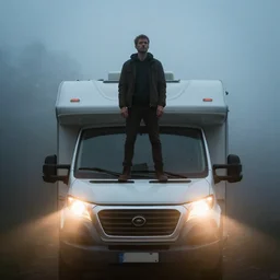 a man standing in the headlights of an RV, dramatic, fog, pinterest